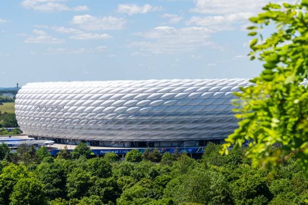 Munich, Bavaria, Germany - May 30, 2025: Exterior shot of the temporarily renamed Allianz Arena (Munich Football Arena) without lettering. Impressions of the Munich Football Arena one day before the UEFA Champions League final between Inter Milan and Paris Saint-Germain PSG