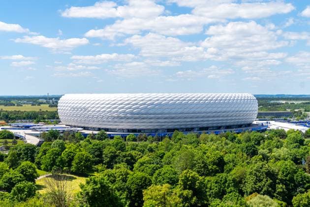 Munich, Bavaria, Germany - May 30, 2025: Exterior shot of the temporarily renamed Allianz Arena (Munich Football Arena) without lettering. Impressions of the Munich Football Arena one day before the UEFA Champions League final between Inter Milan and Paris Saint-Germain PSG