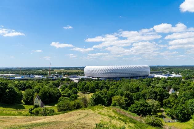 Munich, Bavaria, Germany - May 30, 2025: Exterior shot of the temporarily renamed Allianz Arena (Munich Football Arena) without lettering. Impressions of the Munich Football Arena one day before the UEFA Champions League final between Inter Milan and Paris Saint-Germain PSG