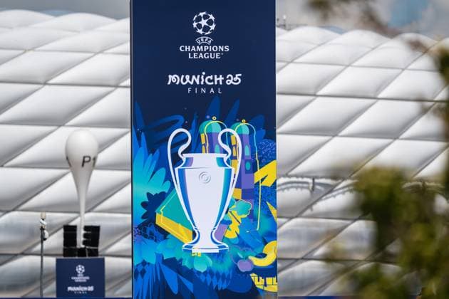 Munich, Bavaria, Germany - May 30, 2025: Banner with UEFA logo and lettering Munich 25 Final in front of the arena. Impressions of the Munich Football Arena one day before the UEFA Champions League final between Inter Milan and Paris Saint-Germain PSG