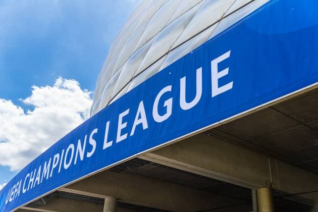 Munich, Bavaria, Germany - May 30, 2025: UEFA Champions League banner in front of the stadium. Impressions of the Munich Football Arena one day before the UEFA Champions League final between Inter Milan and Paris Saint-Germain PSG