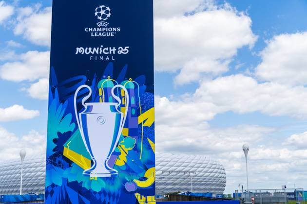 Munich, Bavaria, Germany - May 30, 2025: Banner from UEFA Munich 25 for the soccer match in front of the venue Munich. Impressions of the Munich Football Arena one day before the UEFA Champions League final between Inter Milan and Paris Saint-Germain PSG