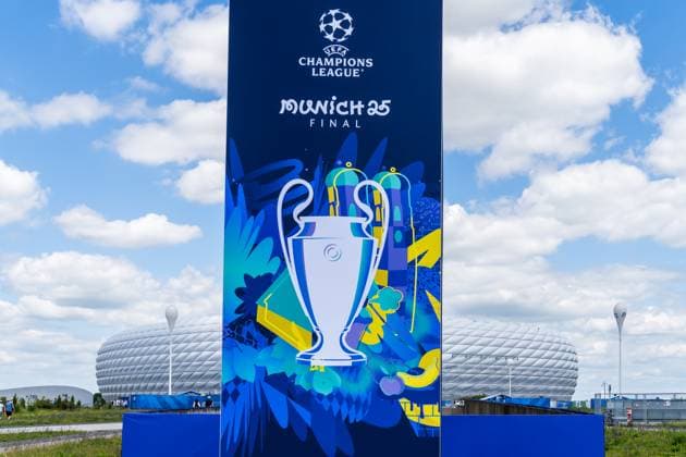 Sport Bilder des Tages Munich, Bavaria, Germany - May 30, 2025: Banner from UEFA Munich 25 for the soccer match in front of the venue Munich. Impressions of the Munich Football Arena one day before the UEFA Champions League final between Inter Milan and Paris Saint-Germain PSG