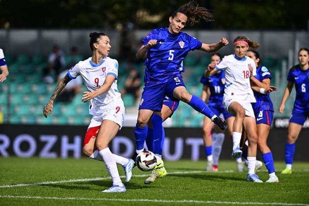 From left Czech Andrea Staskova, Kristina Nevrkla of Croatia in action during the Women s Football Nations League, B4 Group 5th round match: Czechia vs Croatia in Chomutov, Czech Republic, May 30, 2025. (CTKxPhoto OndrejxHajek) CTKPhotoP2025053005802  CTKPhotoP2025053005802