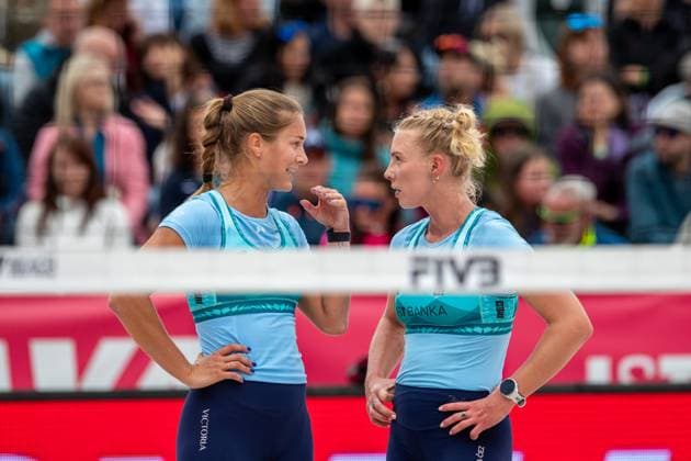 From left Marketa Svozilova speaks with Marie-Sara Stochlova of Czech Republic during the women match Marketa Svozilova and Marie-Sara Stochlova of Czech Republic vs Molly Shaw, Kelly Cheng of USA at the Pro Tour Elite Beach volleyball, Beachvolleyball tournament in Ostrava, Czech Republic, May 30, 2025. (CTKxPhoto VladimirxPrycek) CTKPhotoP2025053005883  CTKPhotoP2025053005883