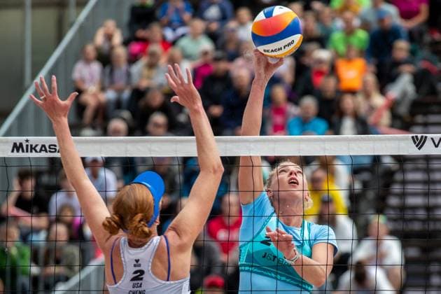 From left Kelly Cheng of USA and Czech Marie-Sara Stochlova in action during the women match Marketa Svozilova and Marie-Sara Stochlova of Czech Republic vs Molly Shaw, Kelly Cheng of USA at the Pro Tour Elite Beach volleyball, Beachvolleyball tournament in Ostrava, Czech Republic, May 30, 2025. (CTKxPhoto VladimirxPrycek) CTKPhotoP2025053006005  CTKPhotoP2025053006005