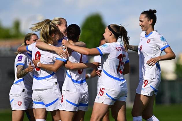 Soccer players of Czech Republic celebrate goal during the Women s Football Nations League, B4 Group 5th round match: Czechia vs Croatia in Chomutov, Czech Republic, May 30, 2025. (CTKxPhoto OndrejxHajek) CTKPhotoP2025053005979  CTKPhotoP2025053005979