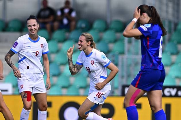 From left Andrea Staskova, Katerina Svitkova of Czech Republic celebrate goal during the Women s Football Nations League, B4 Group 5th round match: Czechia vs Croatia in Chomutov, Czech Republic, May 30, 2025. At right is Tea Vracevic of Croatia. (CTKxPhoto OndrejxHajek) CTKPhotoP2025053006370  CTKPhotoP2025053006370