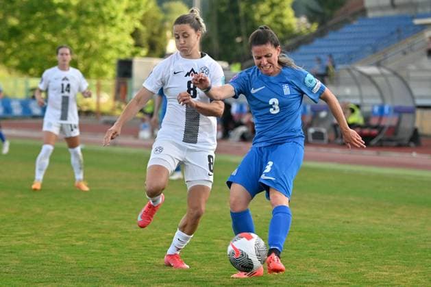 Ljubljana, Slovenia, May 30th 2025: Maria Mitkou of Greece (R) in action against Mateja Zver of Slovenia (L) during the UEFA Women?s Nations League, League B Group B2, match between Slovenia and Greece at Sports Park Siska, Ljubljana, Slovenia. (Igor Kupljenik SPP) Copyright: xIgorxKupljenikx xSPPx spp-en-IgKuSp-IK5_1782