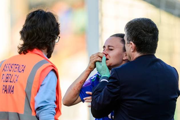 250530 Annamaria Serturini of Italy in pain during the Women s Nations League football match between Italy and Sweden on May 30, 2025 in Parma. Photo: Ludvig Thunman BILDBYRAN kod LT LT0706 fotboll football soccer fotball nations league uefa womens nations league italien italy sverige sweden dam bbeng depp skada Copyright: LUDVIGxTHUNMAN BB250530LT099