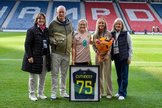 Scotland Women v Austria Women UEFA Womens Nations League Erin Cuthbert of Scotland Women is presented with a shirt on her 75th appearance for Scotland Women during the UEFA Womens Nations League Group A match at Hampden Park, Glasgow UK Newspapers OUT Copyright: xJamiexJohnstonx FIL-21859-0045