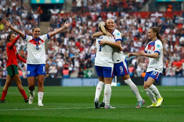 England V Portugal, Wembley UK - 30 May 2025 Goal celebrations for Aggie Beever-Jones of England during the UEFA Women™s Nations League Match between England and Portugal at Wembley on 30 May 2025 in London, England (Photo by Steve Taylor PPAUK) London Wembley London England Copyright: xStevexTaylor PPAUKx PPA-192094