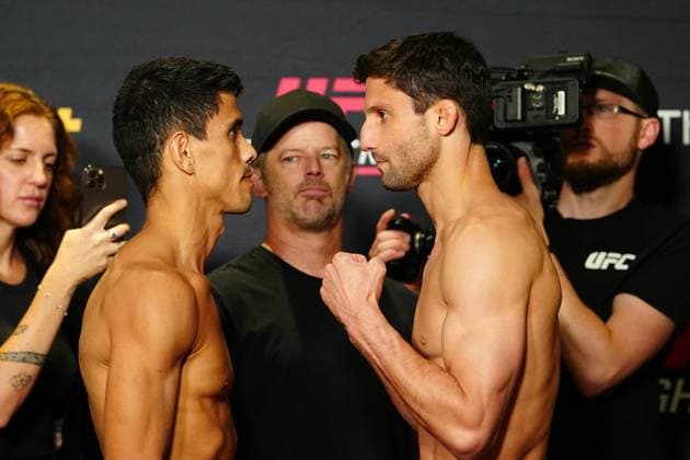 May 30, 2025, Las Vegas, Nevada, Las Vegas, Nv, United States: LAS VEGAS, NV - MAY 30:Jafel Filho and Allan Nascimento face-off following the official weigh-ins at UFC Fight Night - Blanchfield vs Barber at NYNY Hotel and Casino on May 30, 2025 in Las Vegas, Nevada ( PxImages) Las Vegas, Nevada United States - ZUMAp175 20250530_zsa_p175_066 Copyright: xLouisxGrassex