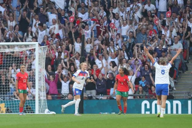 30th May 2025; Wembley Stadium, London, England; Womens Nations League, Group 3 International Football, England versus Portugal; Agnes Beever-Jones of England celebrates her goal in the 3rd minute for 1-0  ActionPlus12795964 KatiexChan