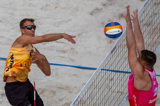 From left Yorick de Groot of Netherlands and David Schweiner of Czech Republic in action during the men match Ondrej Perusic, David Schweiner of Czech Republic vs. Stefan Boermans, Yorick de Groot of Netherlands at the Pro Tour Elite Beach volleyball, Beachvolleyball tournament in Ostrava, Czech Republic, May 30, 2025. (CTKxPhoto VladimirxPrycek) CTKPhotoP2025053007324  CTKPhotoP2025053007324