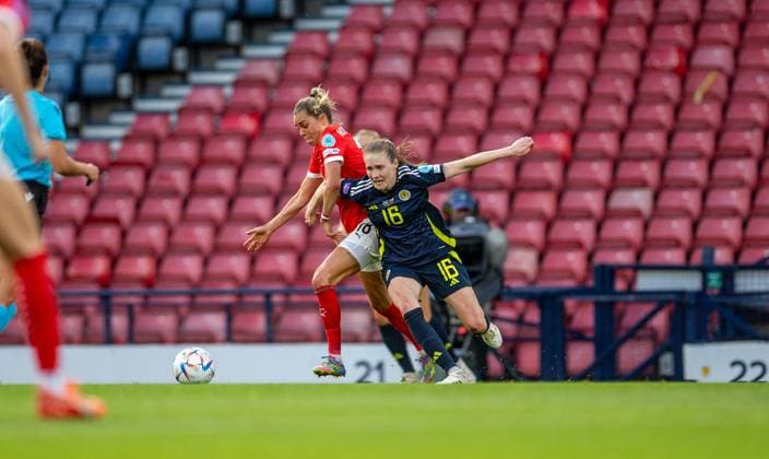 30th May 2025; Hampden Park, Glasgow, Scotland; Womens Nations League, Group 1 International Football, Scotland versus Austria; Julia Hickelsberger of Austria challenges Amy Rodgers of Scotland  ActionPlus12795992 VagelisxGeorgariou