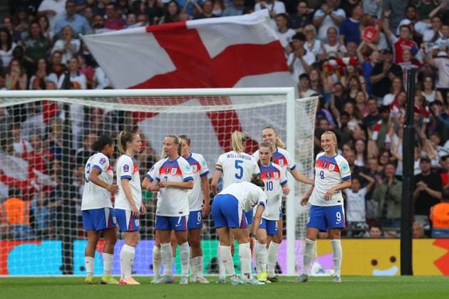 30th May 2025; Wembley Stadium, London, England; Womens Nations League, Group 3 International Football, England versus Portugal; Agnes Beever-Jones of England celebrates her goal and the hat-trick in the 33rd minute for 5-0  ActionPlus12795997 KatiexChan