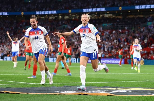 Chloe Kelly of England Women celebrates scoring a goal to make the score 6-0 England Women v Portugal Women, UEFA Women s Nations League - League A - Group 3, Football, Wembley Stadium, London, UK - 30 May 2025 EDITORIAL USE ONLY No use with unauthorised audio, video, data, fixture lists, club league logos or live services. Online in-match use limited to 120 images, no video emulation. No use in betting, games or single club league player publications. Copyright: xKieranxMcManus Shutterstockx 15330900bc