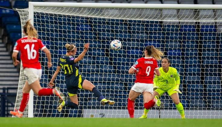 30th May 2025; Hampden Park, Glasgow, Scotland; Womens Nations League, Group 1 International Football, Scotland versus Austria; Martha Thomas of Scotland heads towards the Austrian goal  ActionPlus12796022 VagelisxGeorgariou