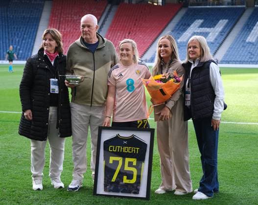 UK: Scotland v Austria, UEFA Women‚Äôs Nations League at Hampden Park, Glasgow, Scotland on 30 May 2025: Pictured: Erin Cuthbert (Scotland) with Shiela Begbie and her Mum, Dad and sister Glasgow Hampden Park Scotland Copyright: xAlexxToddx