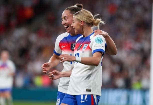England s Maya Le Tissier celebrates with teammate Chloe Kelly as she scores to make the score 6-0 England v Portugal, Football, UEFA Women s Nations League, Wembley Stadium, London, UK, 30 05 25 Editorial use only  Copyright: xAnthonyxHanc Shutterstockx 15332853cp