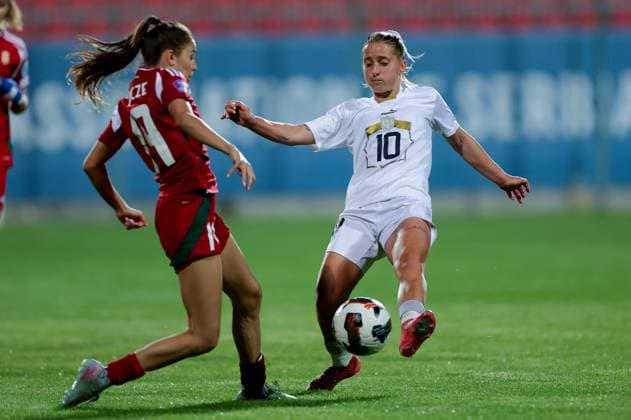 (250531) -- STARA PAZOVA, May 31, 2025 -- Serbia s Jelena Cankovic (R) vies with Hungary s Borbala Vincze during the UEFA Women s Nations League B group 3 football match between Serbia and Hungary in Stara Pazova near Belgrade, Serbia, on May 30, 2025. (Photo by Xinhua) (SP)SERBIA-STARA PAZOVA-FOOTBALL-UEFA WOMEN NATIONS LEAGUE-LEAGUE B-SERBIA VS HUNGARY PredragxMilosavljevic 