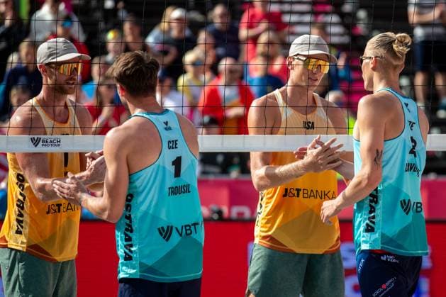 Pro Tour Beach volleyball, Beachvolleyball tournament, category Elite, took place in Ostrava, Czech Republic, on May 31, 2025. From left: Chaim Schalk from USA, Tadeas Trousil from Czech Republic, James Shaw from USA and Matyas Dzavoronok from Czech Republic. (CTKxPhoto VladimirxPrycek) CTKPhotoP2025053101760  CTKPhotoP2025053101760