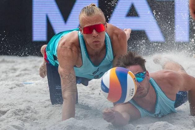 Pro Tour Beach volleyball, Beachvolleyball tournament, category Elite, took place in Ostrava, Czech Republic, on May 31, 2025. Chaim Schalk and James Shaw from USA vs Tadeas Trousil (right) and Matyas Dzavoronok (left) from Czech Republic. (CTKxPhoto VladimirxPrycek) CTKPhotoP2025053101770  CTKPhotoP2025053101770