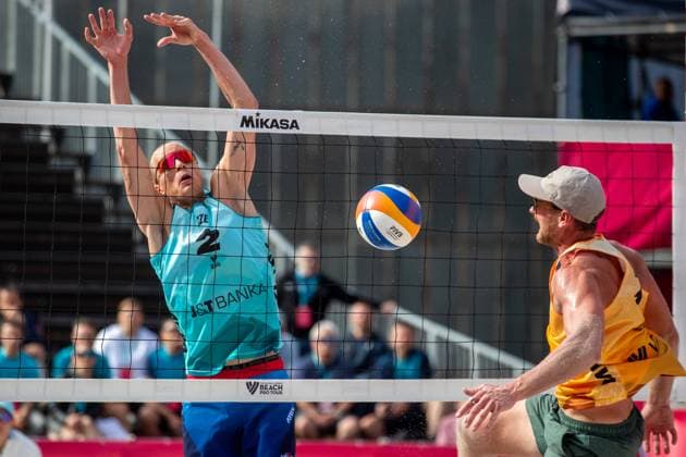Pro Tour Beach volleyball, Beachvolleyball tournament, category Elite, took place in Ostrava, Czech Republic, on May 31, 2025. Chaim Schalk (right) and James Shaw from USA vs Tadeas Trousil and Matyas Dzavoronok (left) from Czech Republic. (CTKxPhoto VladimirxPrycek) CTKPhotoP2025053101829  CTKPhotoP2025053101829