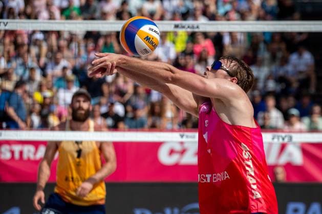 Pro Tour Beach volleyball, Beachvolleyball tournament, category Elite, took place in Ostrava, Czech Republic, on May 31, 2025. Jakub Sepka (right) and Jiri Sedlak from Czech Republic vs Hendrik Nikolai Mol (left) and Mathias Berntsen from Norway. (CTKxPhoto VladimirxPrycek) CTKPhotoP2025053101846  CTKPhotoP2025053101846