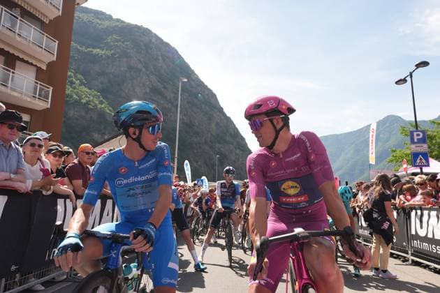 Fortunato Lorenzo of Xds Astana Team jersey azzurra , Pedersen Mads of Lidl-Trek jersey ciclamino , during the stage 20 of the Giro d™Italia from Verres to Sestriere (Via Latteo), Italy - Saturday, May 31, 2025. - cycling.  Copyright: xMassimoxPaolone LaPressex