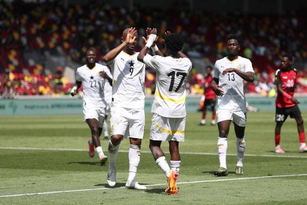 Mohammed Fuseini of Ghana celebrates with teammates as he scores to make it 3-0 Ghana v Trinidad and Tobago, Football, The Unity Cup, Gtech Community Stadium, London, UK, 31 05 25 EDITORIAL USE ONLY No use with unauthorised audio, video, data, fixture lists (outside the EU), club league logos or live services. Online in-match use limited to 45 images (+15 in extra time). No use to emulate moving images. No use in betting, games or  Copyright: xAnthonyxHanc Shutterstockx 15333741ag