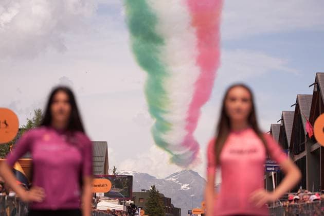 Tricolor arrows and the four Giro jerseys during the stage 20 of the Giro d™Italia from Verres to Sestriere (Via Lattea), Italy - Saturday, May 31, 2025. - cycling.  Copyright: xMarcoxAlpozzi LaPressex