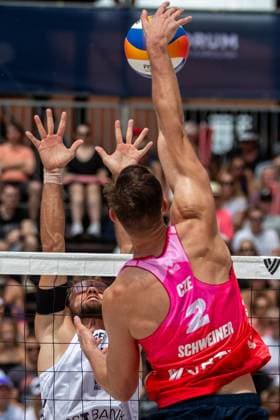 Pro Tour Beach volleyball, Beachvolleyball tournament, category Elite, took place in Ostrava, Czech Republic, on May 31, 2025. Jonas Sagstetter (left), Benedikt Sagstetter of Germany vs Ondrej Perusic, David Schweiner (right) of Czech Republic. (CTKxPhoto VladimirxPrycek) CTKPhotoP2025053102681  CTKPhotoP2025053102681