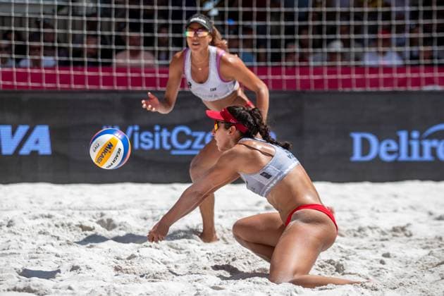 Pro Tour Beach volleyball, Beachvolleyball tournament, category Elite, took place in Ostrava, Czech Republic, on May 31, 2025. Melissa Humana-Paredes (right) and Brandie Wilkerson (back) of Canada vs. Vitoria De Souza Rodrigues and Hegeile Almeida dos Santos of Brazil. (CTKxPhoto VladimirxPrycek) CTKPhotoP2025053102768  CTKPhotoP2025053102768