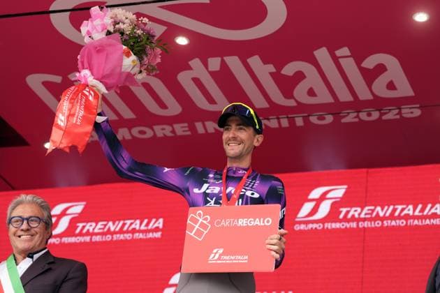 Harper Christopher of Team Jayco Alula winner of the stage on the podium during the stage 20 of the Giro d™Italia from Verres to Sestriere (Via Lattea), Italy - Saturday, May 31, 2025. - cycling.  Copyright: xMassimoxPaolone LaPressex