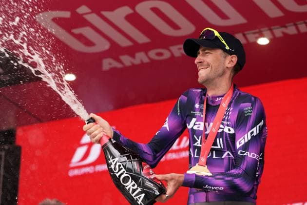 Harper Christopher of Team Jayco Alula winner of the stage on the podium during the stage 20 of the Giro d™Italia from Verres to Sestriere (Via Lattea), Italy - Saturday, May 31, 2025. - cycling.  Copyright: xMassimoxPaolone LaPressex