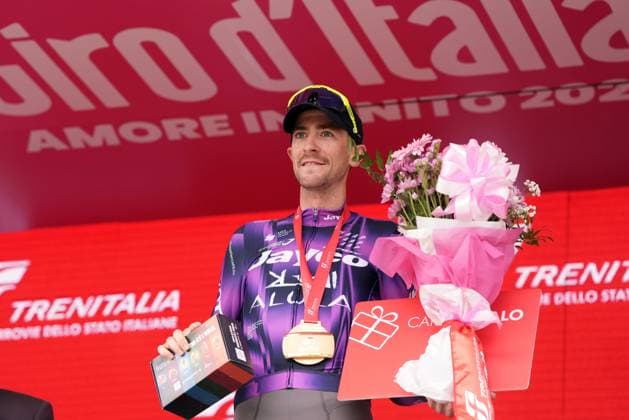 Harper Christopher of Team Jayco Alula winner of the stage on the podium during the stage 20 of the Giro d™Italia from Verres to Sestriere (Via Lattea), Italy - Saturday, May 31, 2025. - cycling.  Copyright: xMassimoxPaolone LaPressex