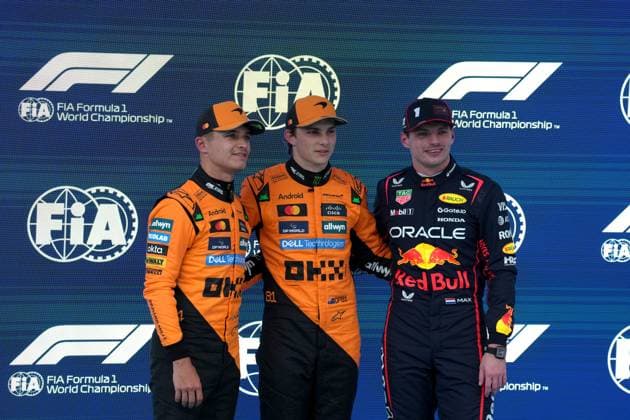 31.05.2025, Circuit de Catalunya, Barcelona, Formel 1 Aramco Grand Prix von Spanien 2025 , im Bild Poleposition für Oscar Piastri (AUS), McLaren F1 Team, 2.Startplatz für Lando Norris (GBR), 3.Startplatz für Max Verstappen (NLD), Oracle Red Bull Racing (Photo by Hasan Bratic DeFodi Images)