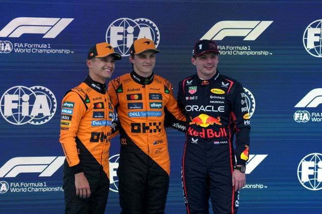 31.05.2025, Circuit de Catalunya, Barcelona, Formel 1 Aramco Grand Prix von Spanien 2025 , im Bild Poleposition für Oscar Piastri (AUS), McLaren F1 Team, 2.Startplatz für Lando Norris (GBR), 3.Startplatz für Max Verstappen (NLD), Oracle Red Bull Racing (Photo by Hasan Bratic DeFodi Images)