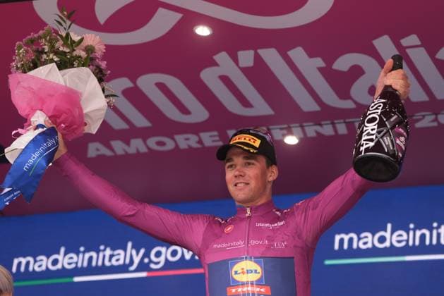 Pedersen Mads of Lidl-Trek cyclamen jersey on the podium during the stage 20 of the Giro d™Italia from Verres to Sestriere (Via Lattea), Italy - Saturday, May 31, 2025. - cycling.  Copyright: xMassimoxPaolone LaPressex
