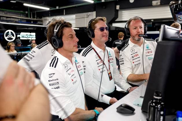 Toto Wolff (AUT, Mercedes-AMG Petronas F1 Team), Ola Källenius (SWE, Chairman of the Board of Management of Mercedes-Benz Group AG), F1 Grand Prix of Spain at Circuit de Barcelona-Catalunya on May 31, 2025 in Barcelona, Spain. (Photo by HOCH ZWEI) Barcelona Spain