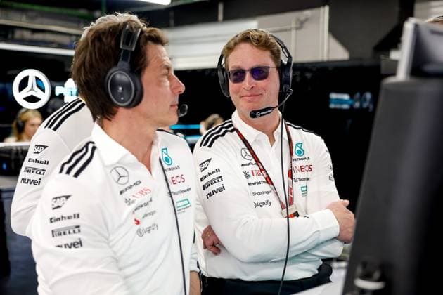 Toto Wolff (AUT, Mercedes-AMG Petronas F1 Team), Ola Källenius (SWE, Chairman of the Board of Management of Mercedes-Benz Group AG), F1 Grand Prix of Spain at Circuit de Barcelona-Catalunya on May 31, 2025 in Barcelona, Spain. (Photo by HOCH ZWEI) Barcelona Spain