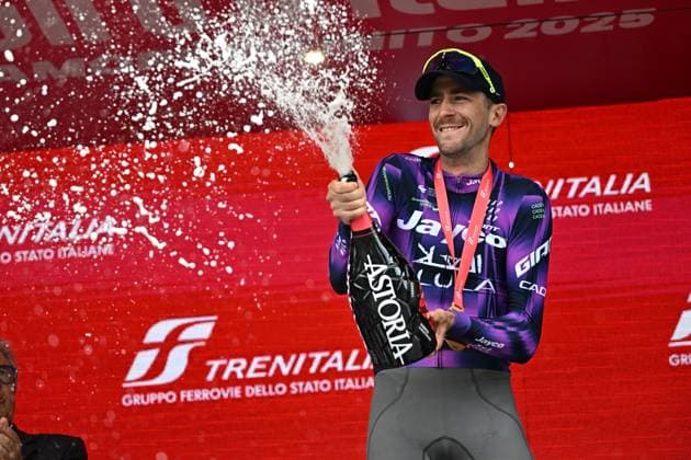 May 31, 2025, Sestriere, ITALY: Australian rider Christopher Harper of Team Jayco Alula, poses on the podium after winning the 20th stage of the 108 Giro d Italia 2025, cycling race over 205 km from Verres to Sestriere, 31 May 2025. ANSA LUCA ZENNARO. Giro D Italia Cycling Tour - Stage 20  - ZUMAa110 20250531_zaf_a110_034 Copyright: xLucaxZennarox
