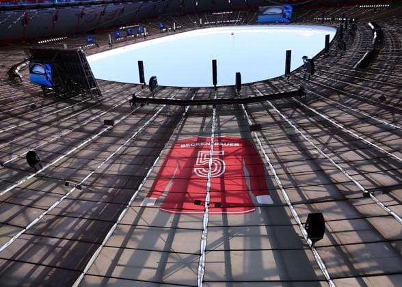 Munich, Germany, 31st May 2025. A giant shirt in honour of Franz Beckenbauer painted on the stadium roof before the Paris Saint Germain vs Internazionale UEFA Champions League Final match at Munich Football Arena, Munich. Picture credit should read: David Klein Sportimage EDITORIAL USE ONLY. No use with unauthorised audio, video, data, fixture lists, club league logos or live services. Online in-match use limited to 120 images, no video emulation. No use in betting, games or single club league player publications. SPI_004_DK_UCL_Final SPI-3964-0004