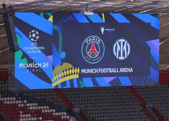 Munich, Germany, 31st May 2025. The giant scoreboard set up in preparation for the match before the Paris Saint Germain vs Internazionale UEFA Champions League Final match at Munich Football Arena, Munich. Picture credit should read: David Klein Sportimage EDITORIAL USE ONLY. No use with unauthorised audio, video, data, fixture lists, club league logos or live services. Online in-match use limited to 120 images, no video emulation. No use in betting, games or single club league player publications. SPI_008_DK_UCL_Final SPI-3964-0007