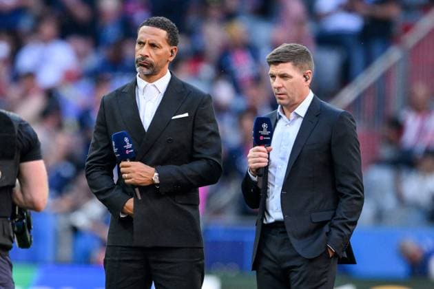 31st May 2025; Allianz Arena, Munich, Germany; Champions League Final Football, Paris Saint Germain versus Inter Milan; Rio Ferdinand (L) and Steven Gerrard (R) commentate before the final match of champions league  ActionPlus12796674 AllShotLive