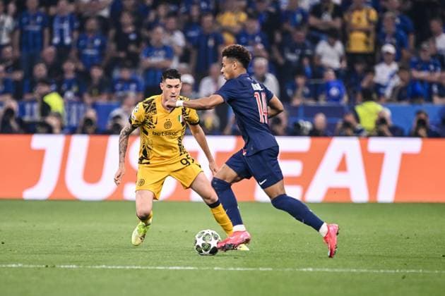 Alessandro Bastoni (FC Internazionale Milano) und Desire Doue (Paris Saint-Germain) battle for the ball during the UEFA Champions League Final 2025 between Paris Saint-Germain and FC Internazionale Milano at Munich Football Arena on May 31, 2025 in Munich, Germany. (Photo by Harry Langer DeFodi Images)