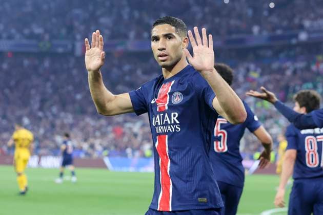Achraf Hakimi (Paris Saint-Germain) bejubelt seinen Treffer zum 1:0, UEFA Champions League Final 2025, Paris Saint-Germain and FC Internazionale Milano, Allianz Arena am 31. May 2025 in München, Deutschland. (Foto von Marco Steinbrenner DeFodi Images) Achraf Hakimi (Paris Saint-Germain) celebrates after scoring his teams first goal, UEFA Champions League Final 2025, Paris Saint-Germain and FC Internazionale Milano, Munich Football Arena, May 31, 2025 in Munich, Germany. (Photo by Marco Steinbrenner DeFodi Images)