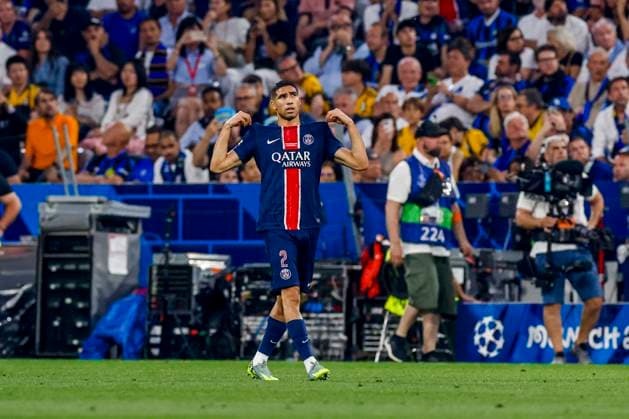 Achraf Hakimi of Paris Saint-Germain celebrates after scoring his teams first goal Paris Saint-Germain v FC Internazionale Milano, UEFA Champions League Final 2025, Paris Saint-Germain and FC Internazionale Milano, Munich Football Arena, May 31, 2025, Munich, Germany.